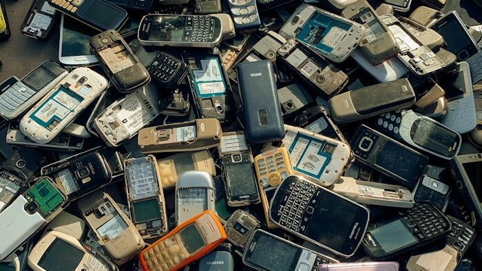 A collection of old and obsolete mobile phones stacked for recycling purposes.